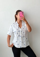 Size L White Blue Embroidered Shirt Top