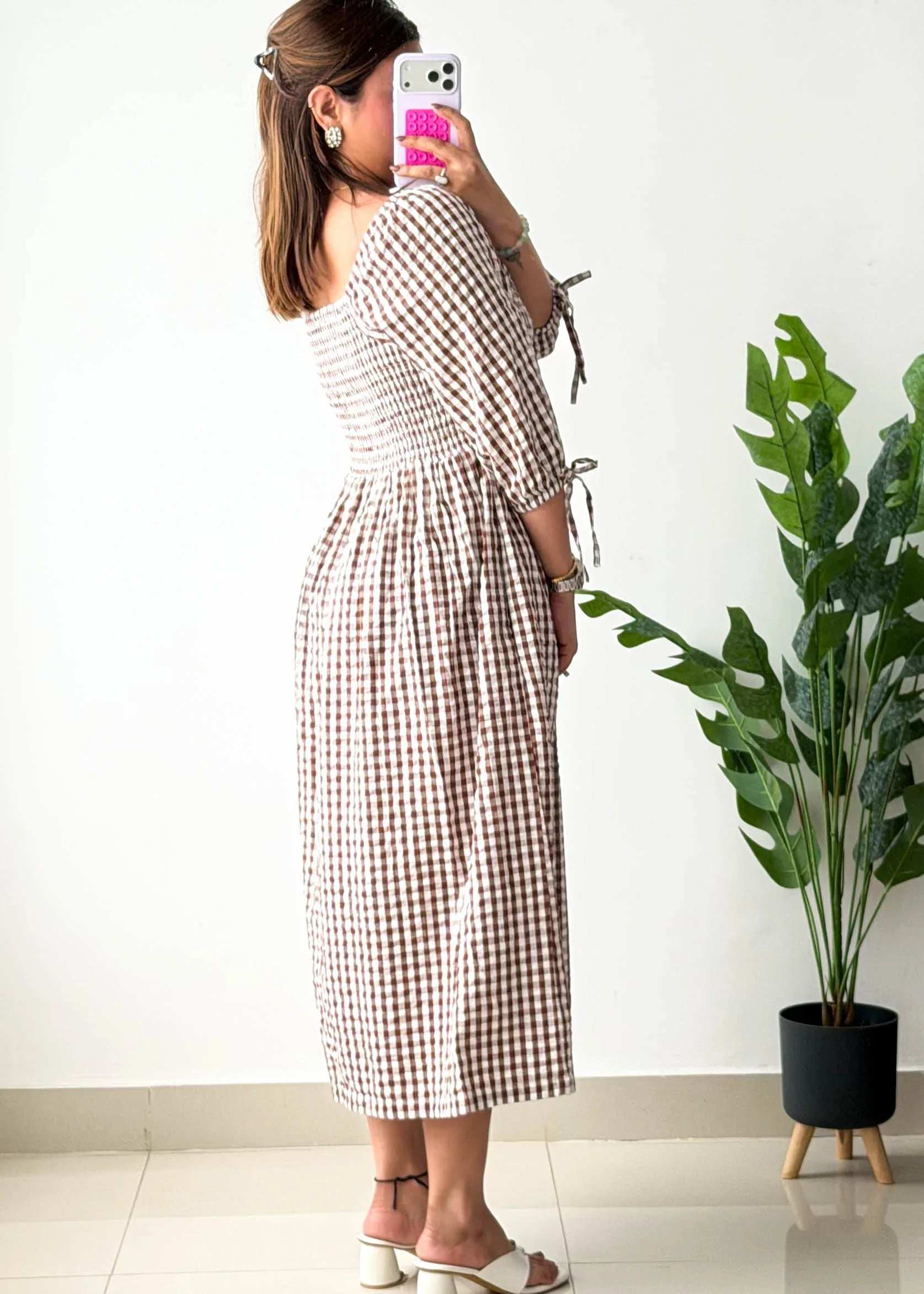 Size M-L, Brown Gingham Smocked Midi Dress