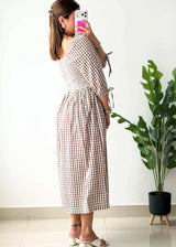 Size M-L, Brown Gingham Smocked Midi Dress