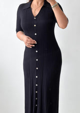 Size M-L Black Ribbed Button-Front Knit Maxi Dress