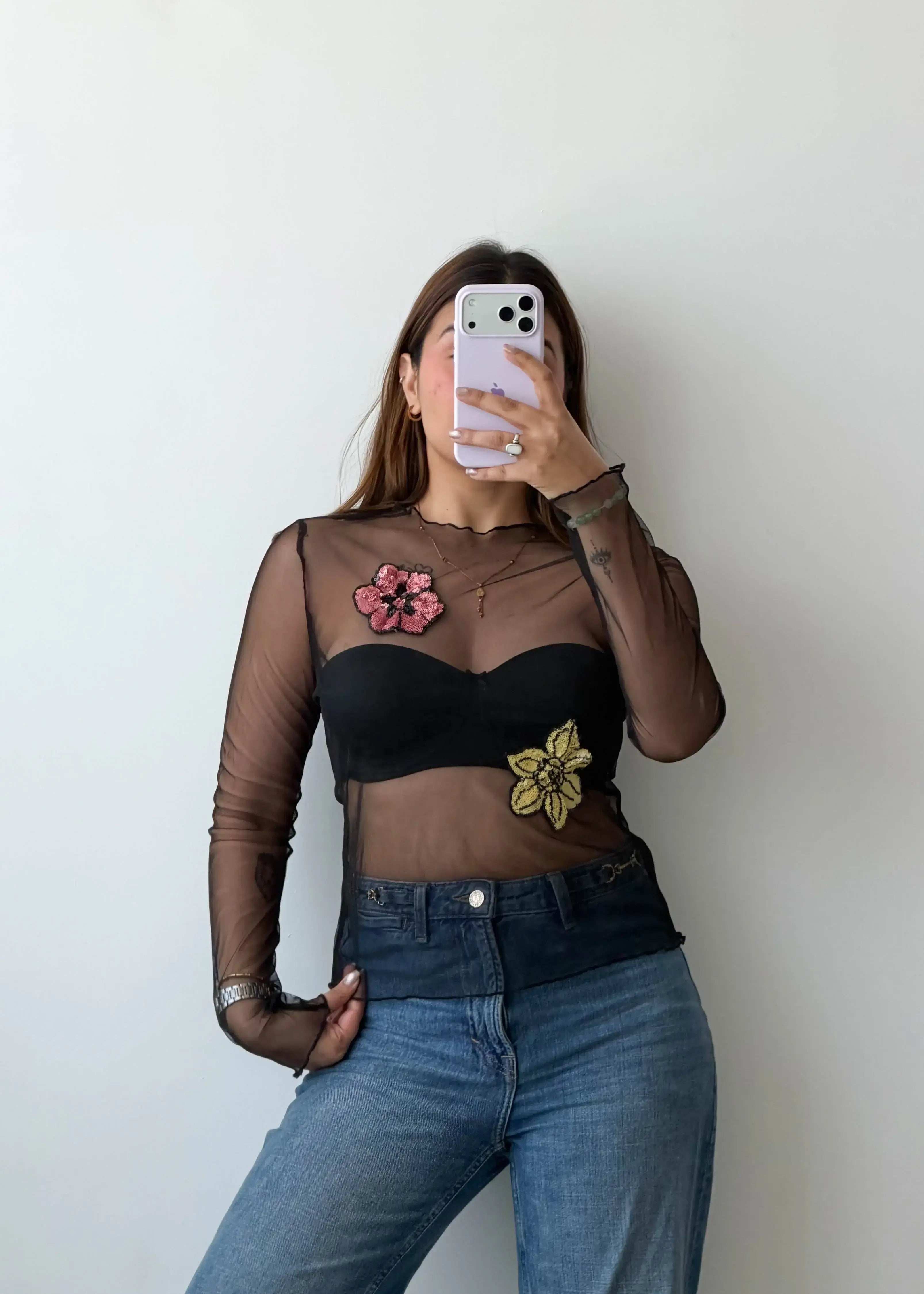 Size S-M Black Sheer Floral Mesh Top