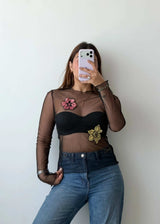 Size S-M Black Sheer Floral Mesh Top
