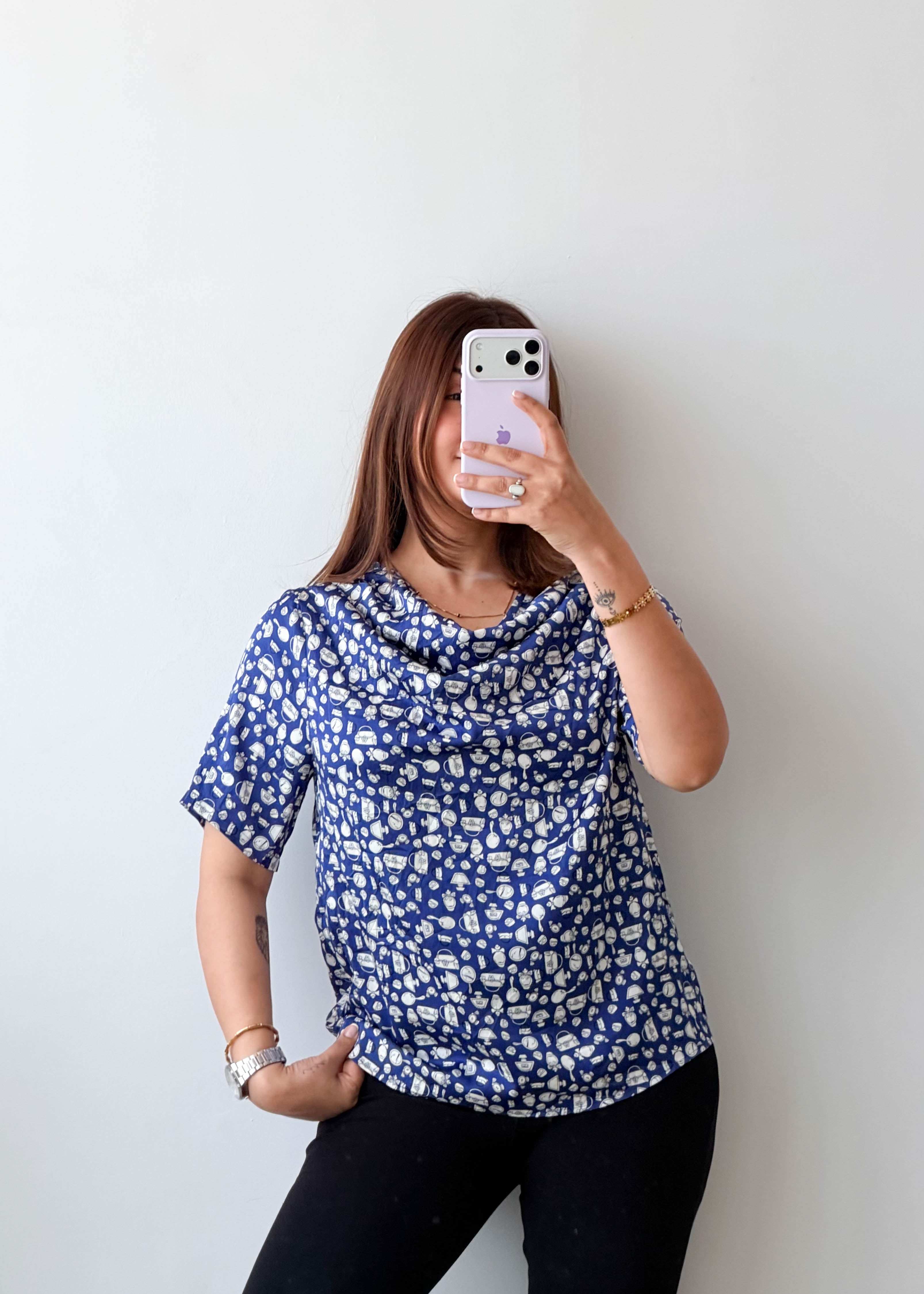 Size M Blue Printed Drape Neck Top