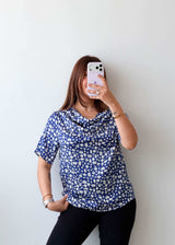 Size M Blue Printed Drape Neck Top