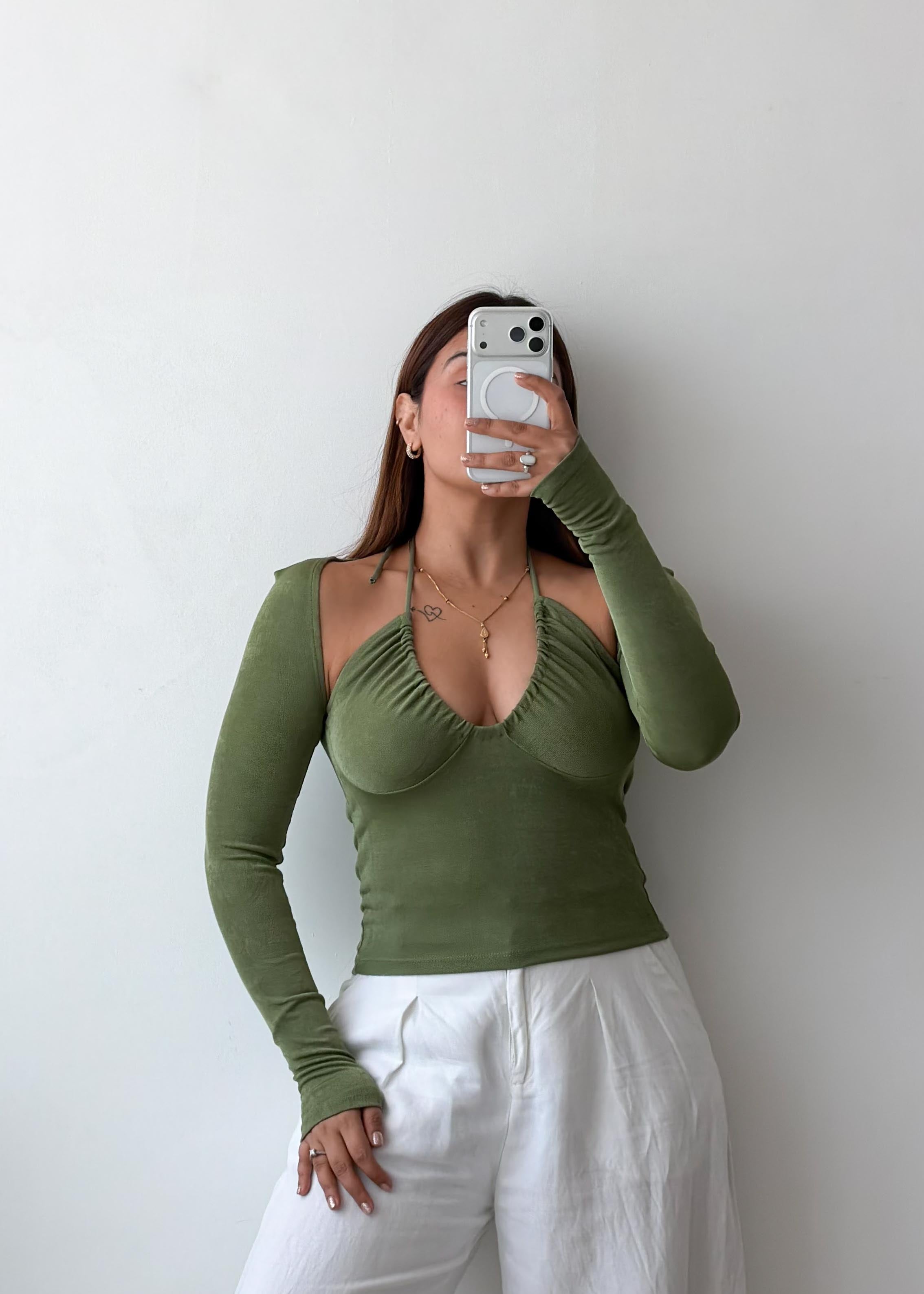 Size S-M Olive Cold Shoulder Ruched Top