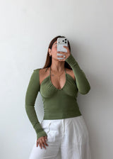 Size S-M Olive Cold Shoulder Ruched Top