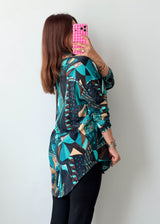 Size L-XL Teal Geometric Print Longline Shirt Top