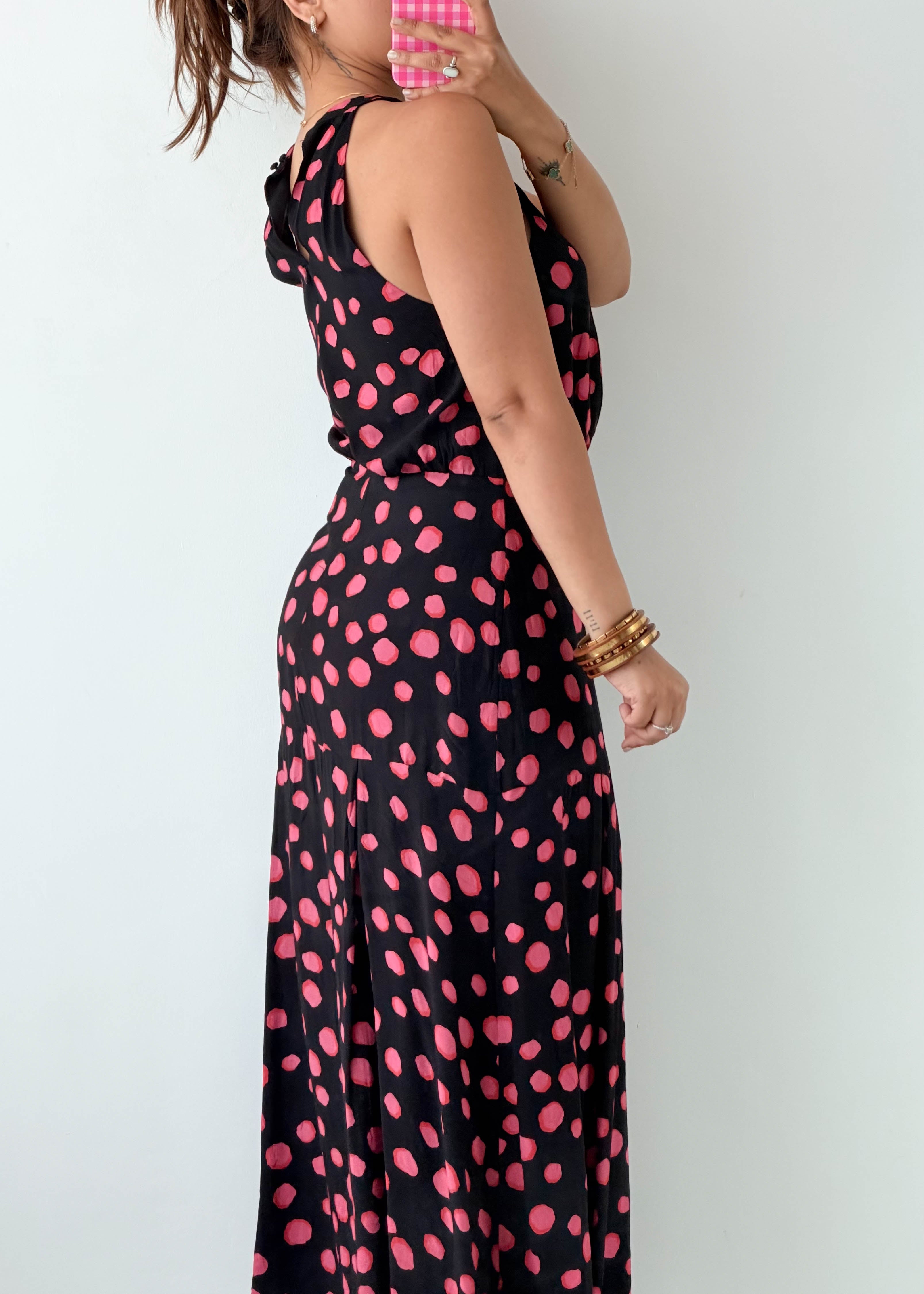 Size S Black & Pink Polka Dot Halter Maxi Dress