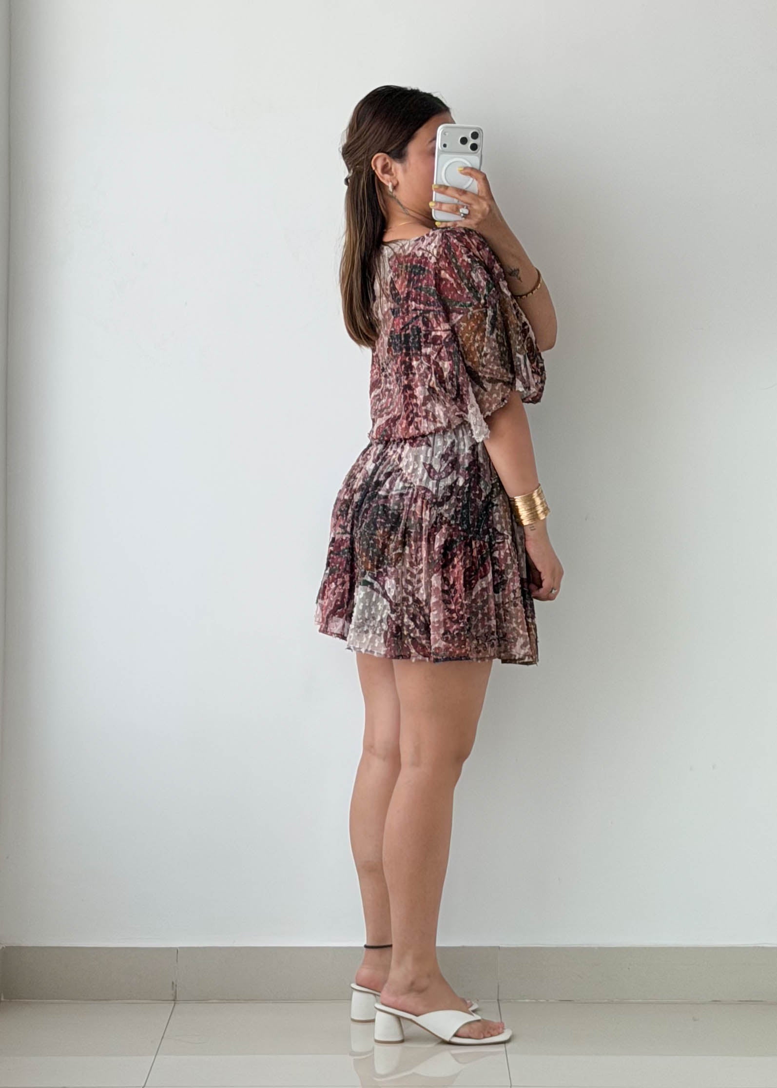 Size S-M Brown Floral Pleated Mini Dress