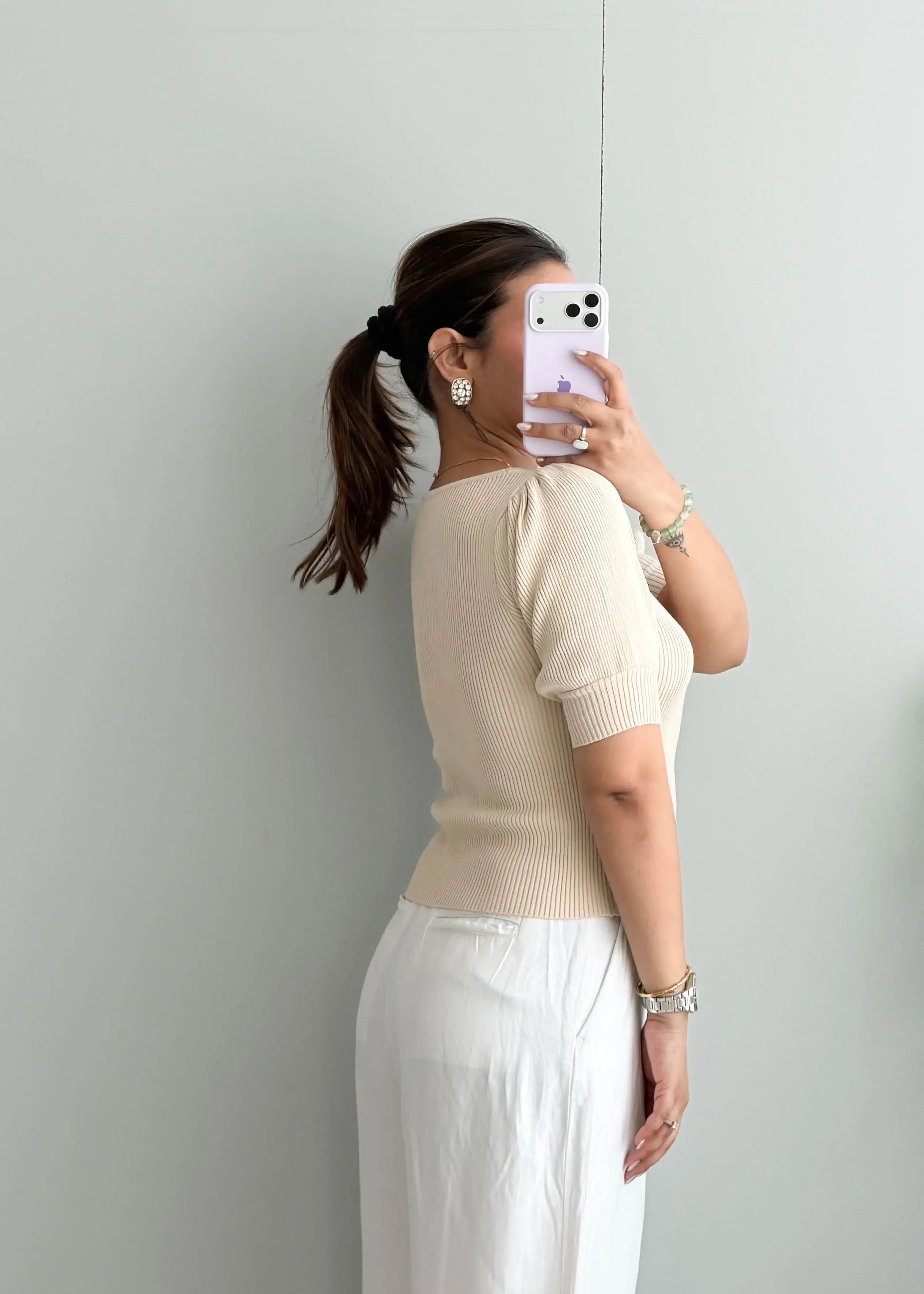 Size S-M, Beige Ribbed Half Sleeve Top - Closet by Payal