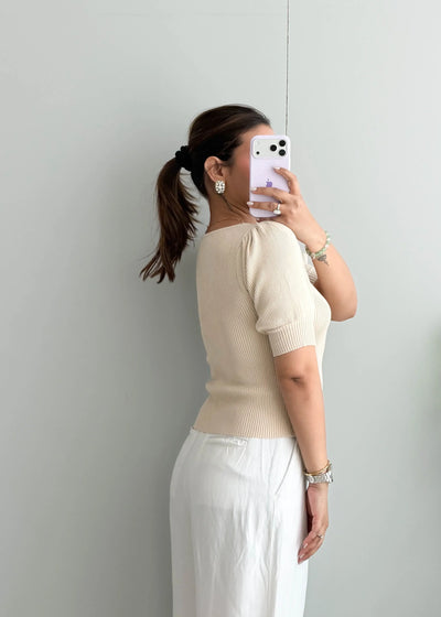 Size S-M, Beige Ribbed Half Sleeve Top - Closet by Payal