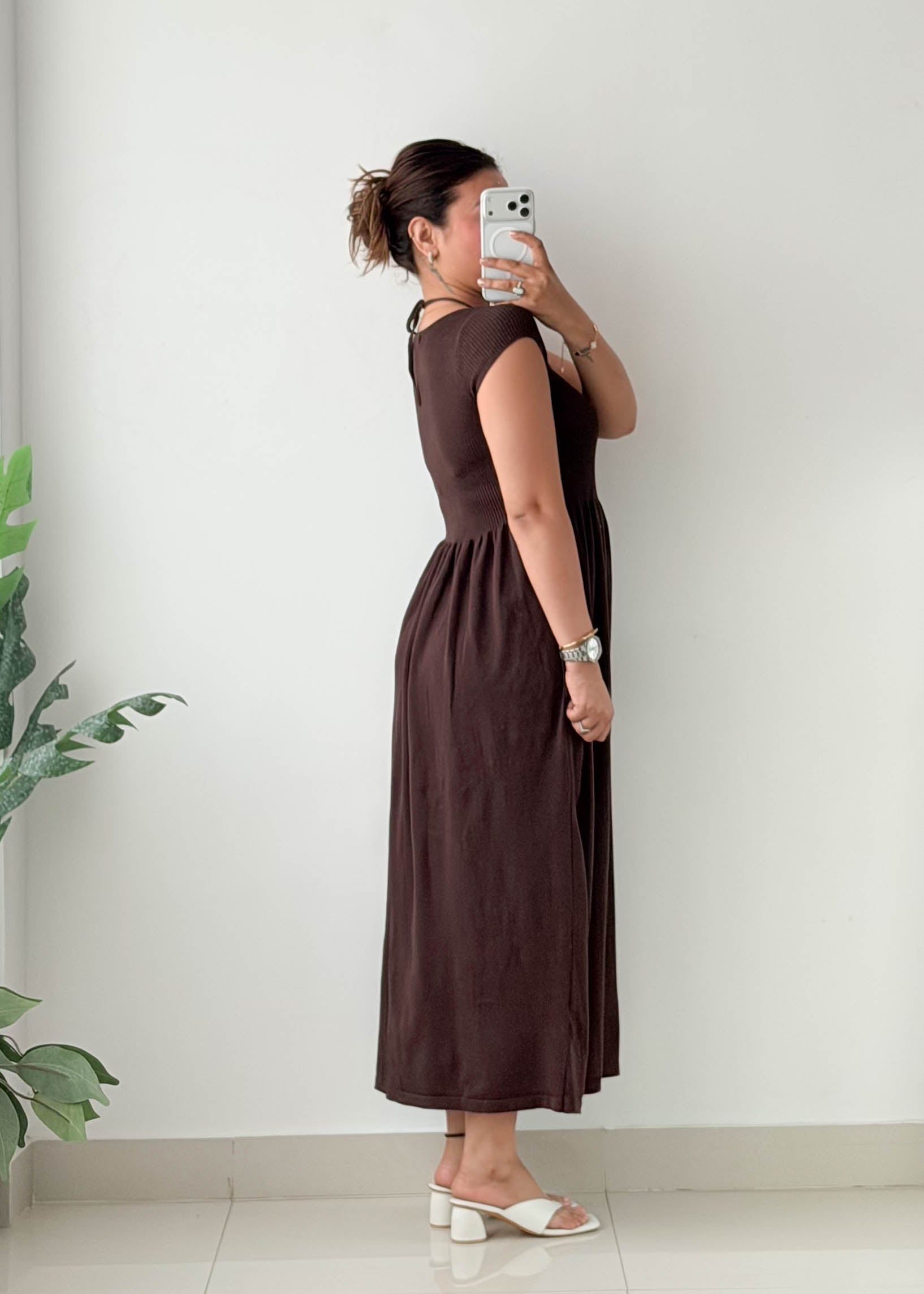 Size S-M Chocolate Henley Smocked Maxi Dress