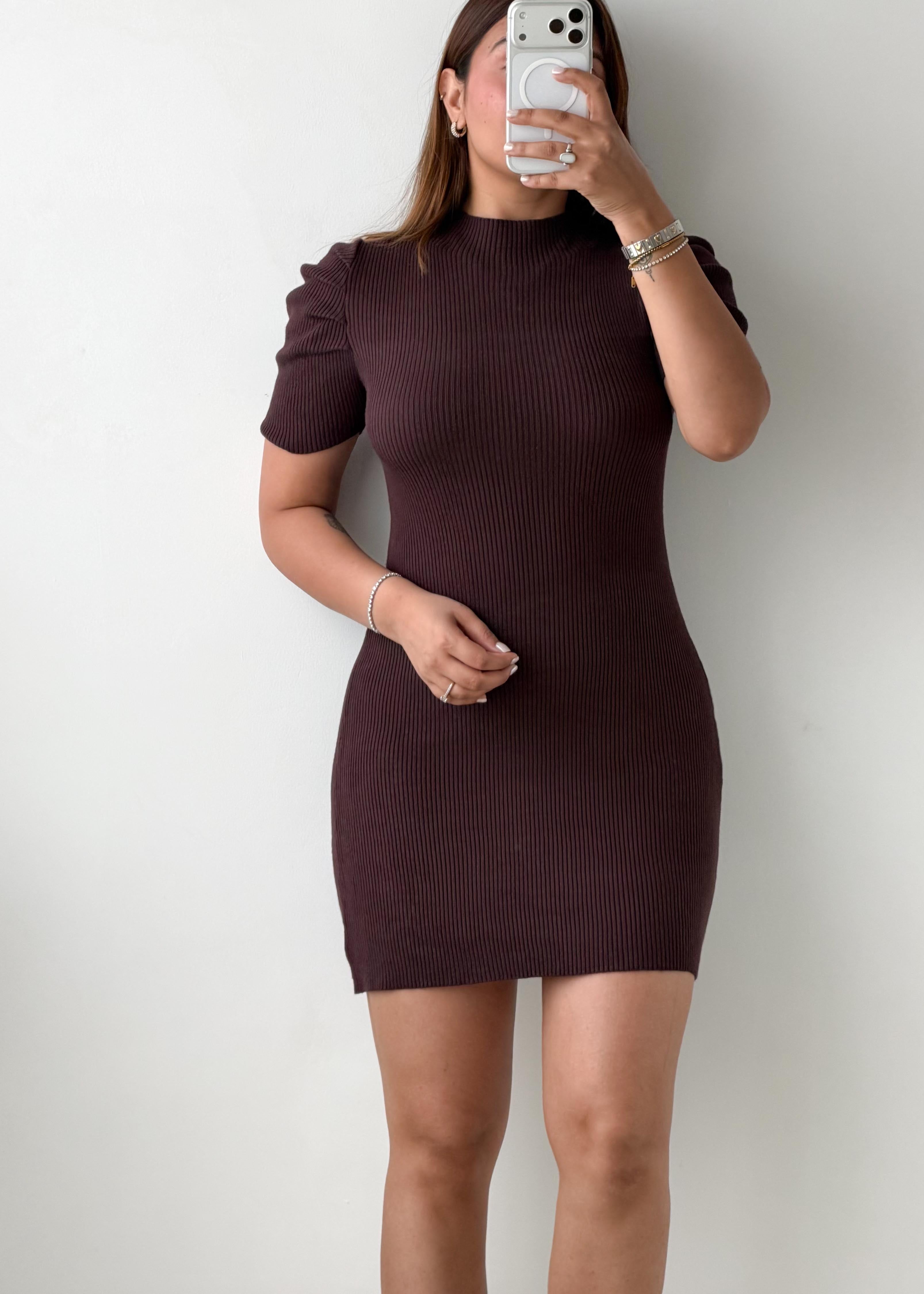 Size S-M Chocolate Brown Ribbed Knit Mini Dress