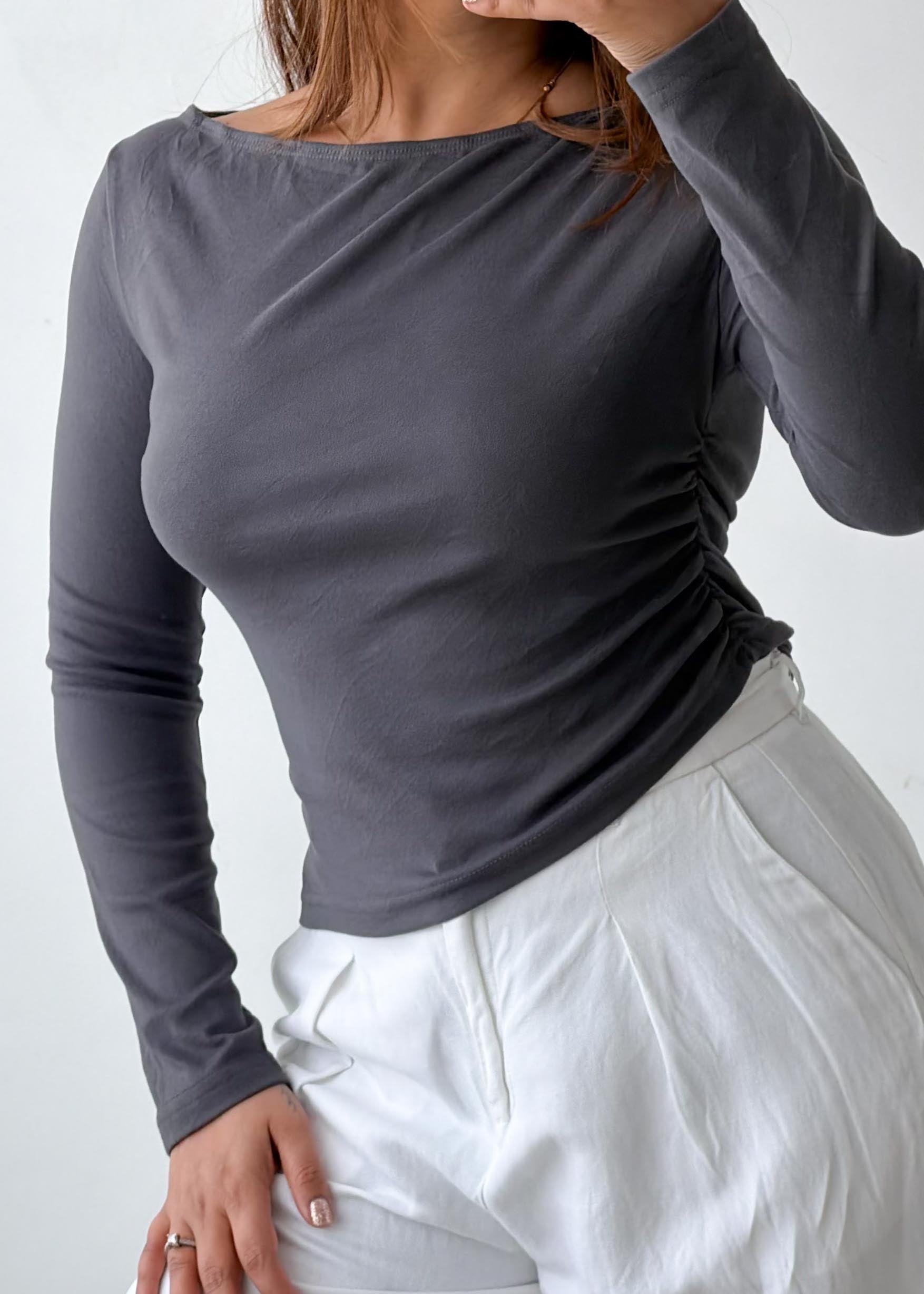 Size M-L Charcoal Asymmetrical Long Sleeve Top