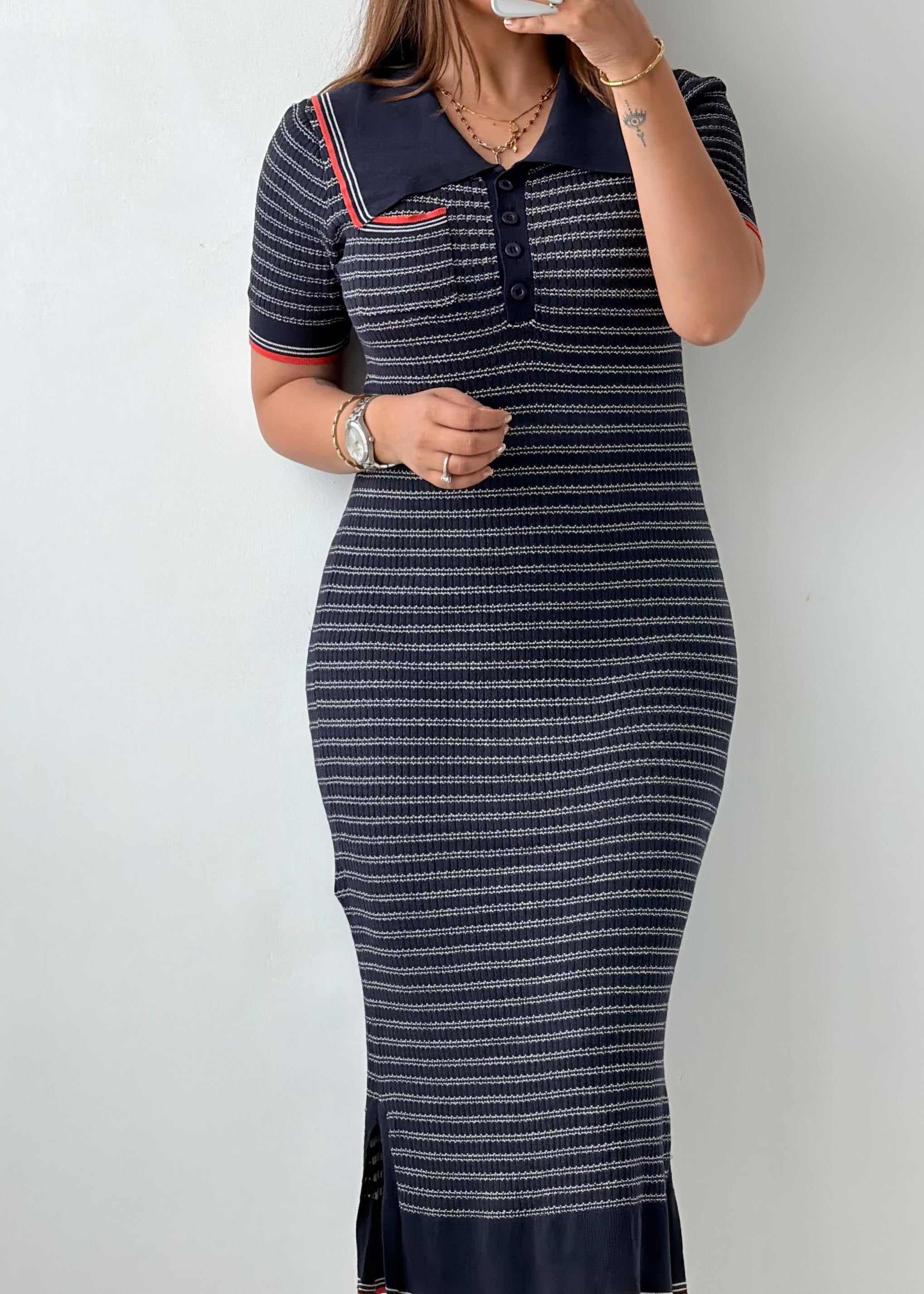 Size M-L Navy Stripe Polo Ribbed Midi Dress