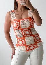 Size XS Orange & White Crochet Floral Tank Top