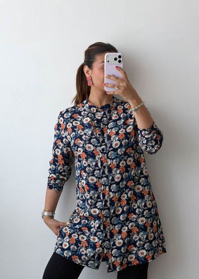 S-M Navy Floral Tie Neck Viscose Shirt