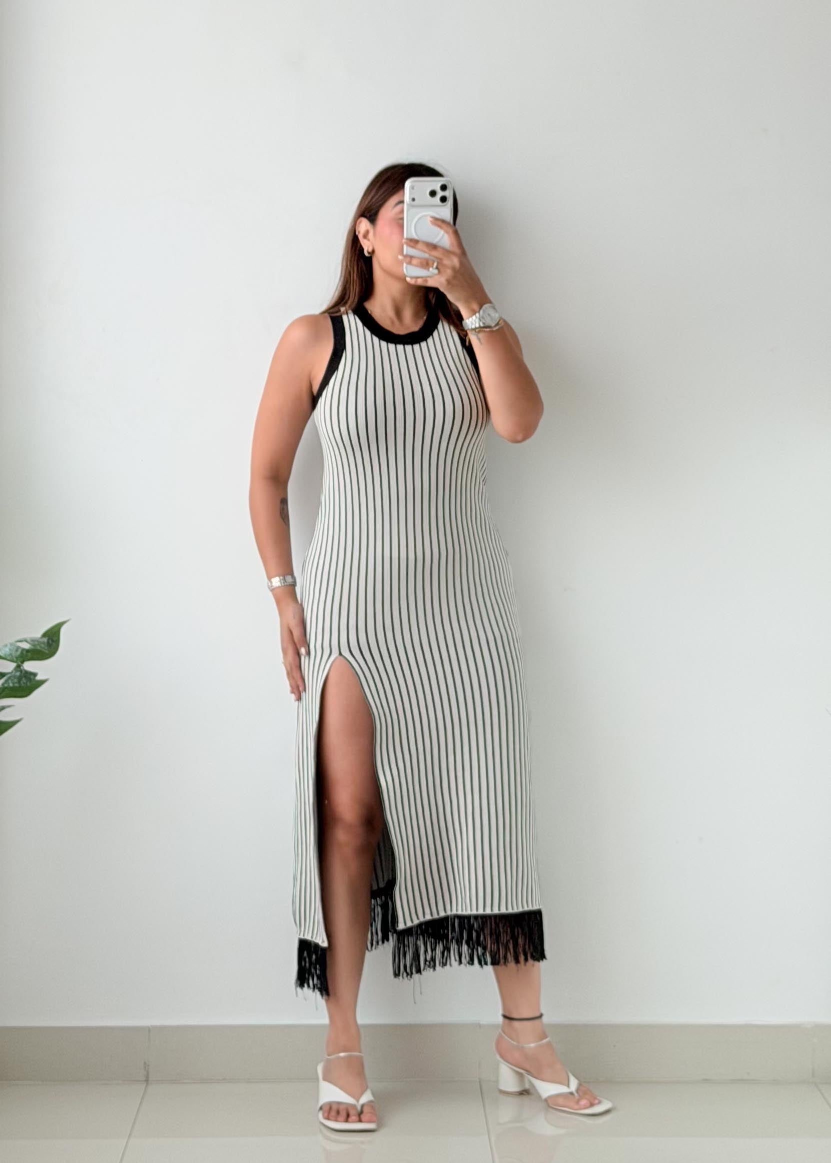 Size XS-S Black & White Striped Ribbed Knit Maxi Dress