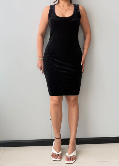 Size M-L, Black Velvet Bodycon Midi Dress - Closet by Payal