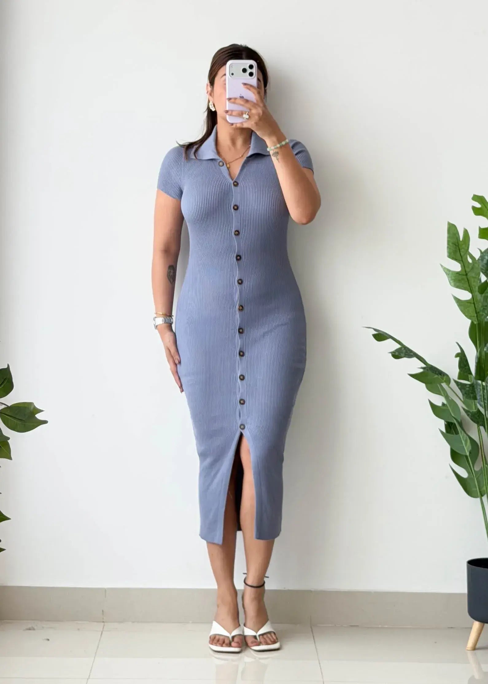 Size XS-S, Blue Collared Button-Down Ribbed Midi Dress - Closet by Payal