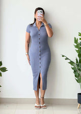 Size XS-S, Blue Collared Button-Down Ribbed Midi Dress - Closet by Payal