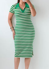 Size XS-S Green Striped Polo Midi Dress