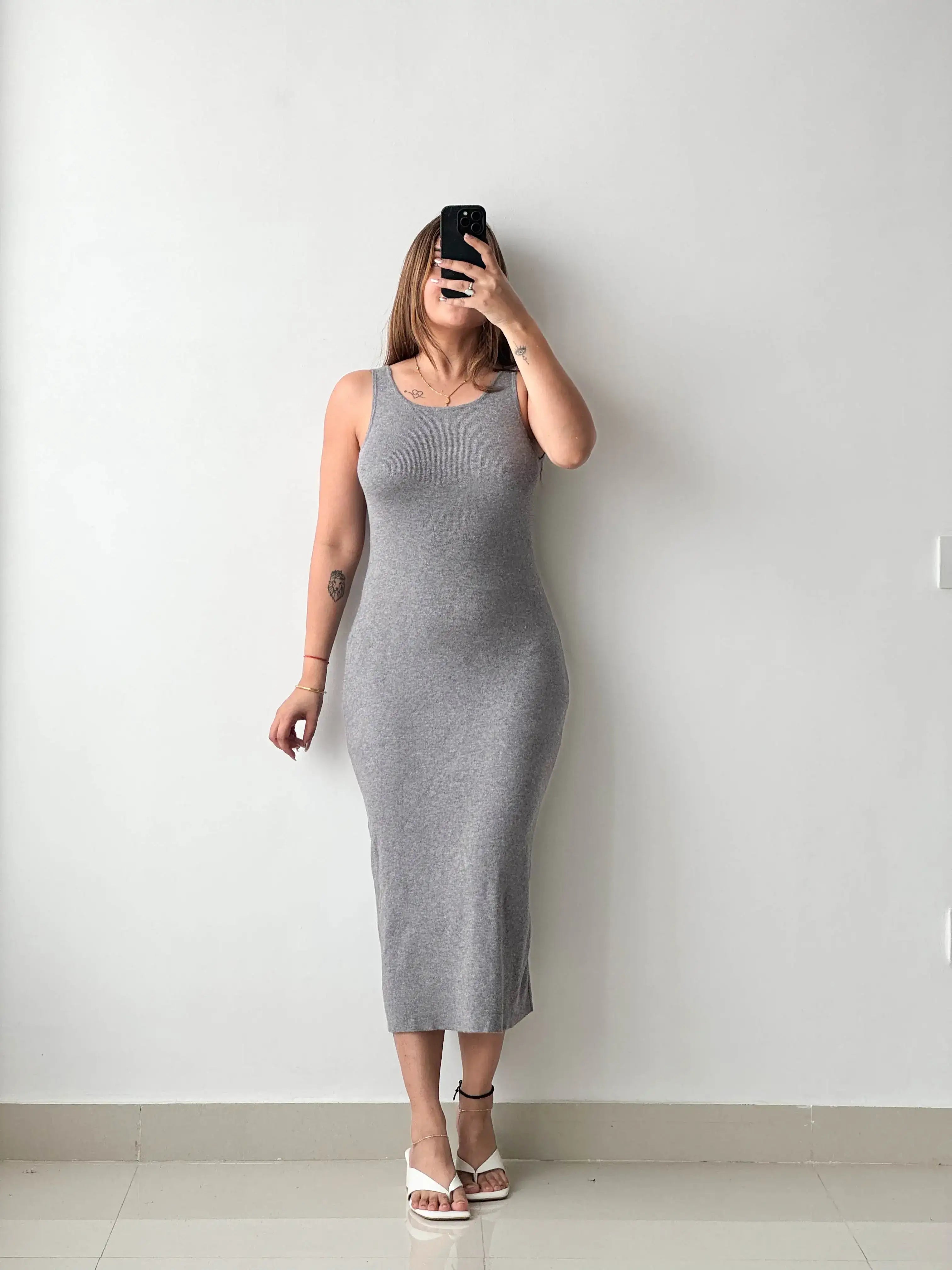 Size S-M, Grey Ribbed Bodycon Midi Dress