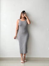 Size S-M, Grey Ribbed Bodycon Midi Dress