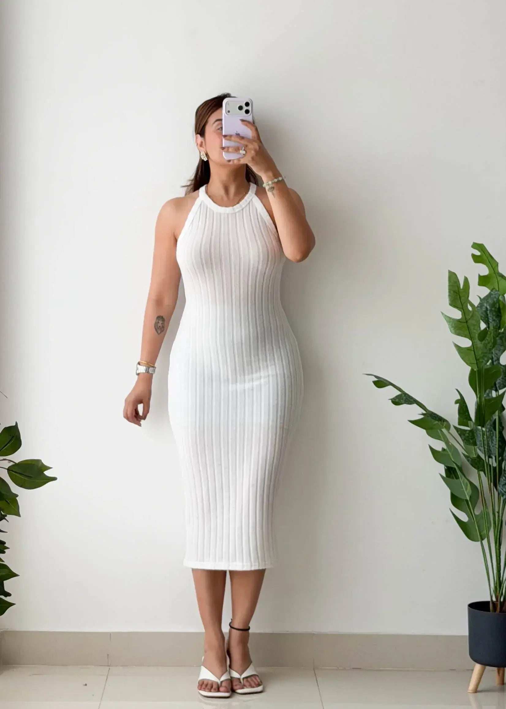 Size S-M, White Halter Ribbed Midi Dress - Closet by Payal