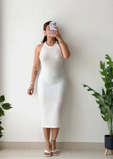 Size S-M, White Halter Ribbed Midi Dress - Closet by Payal