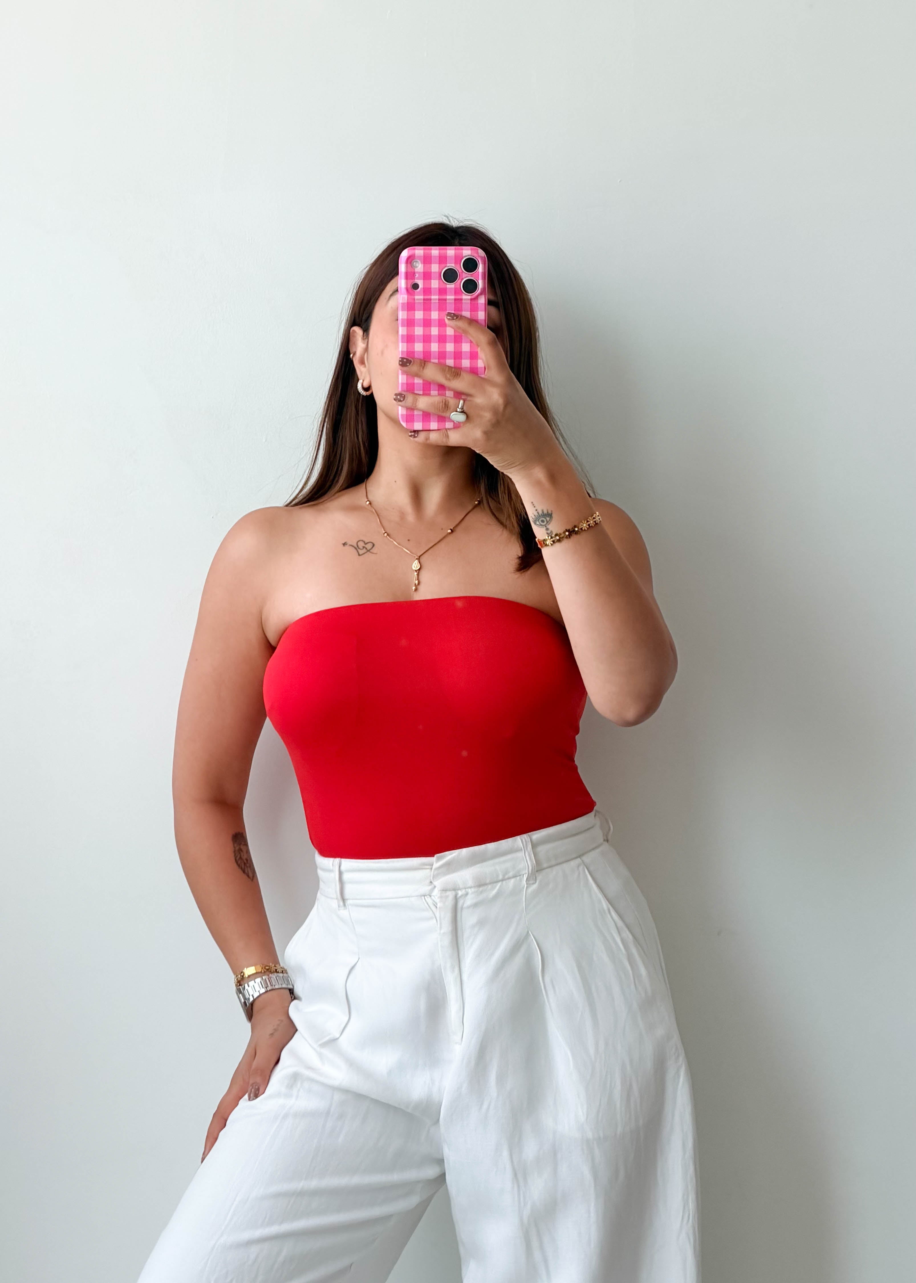 Size XS-S Red Strapless Tube Bodysuit