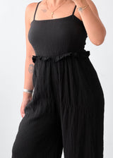 Size S-M Black Textured Wide-Leg Jumpsuit