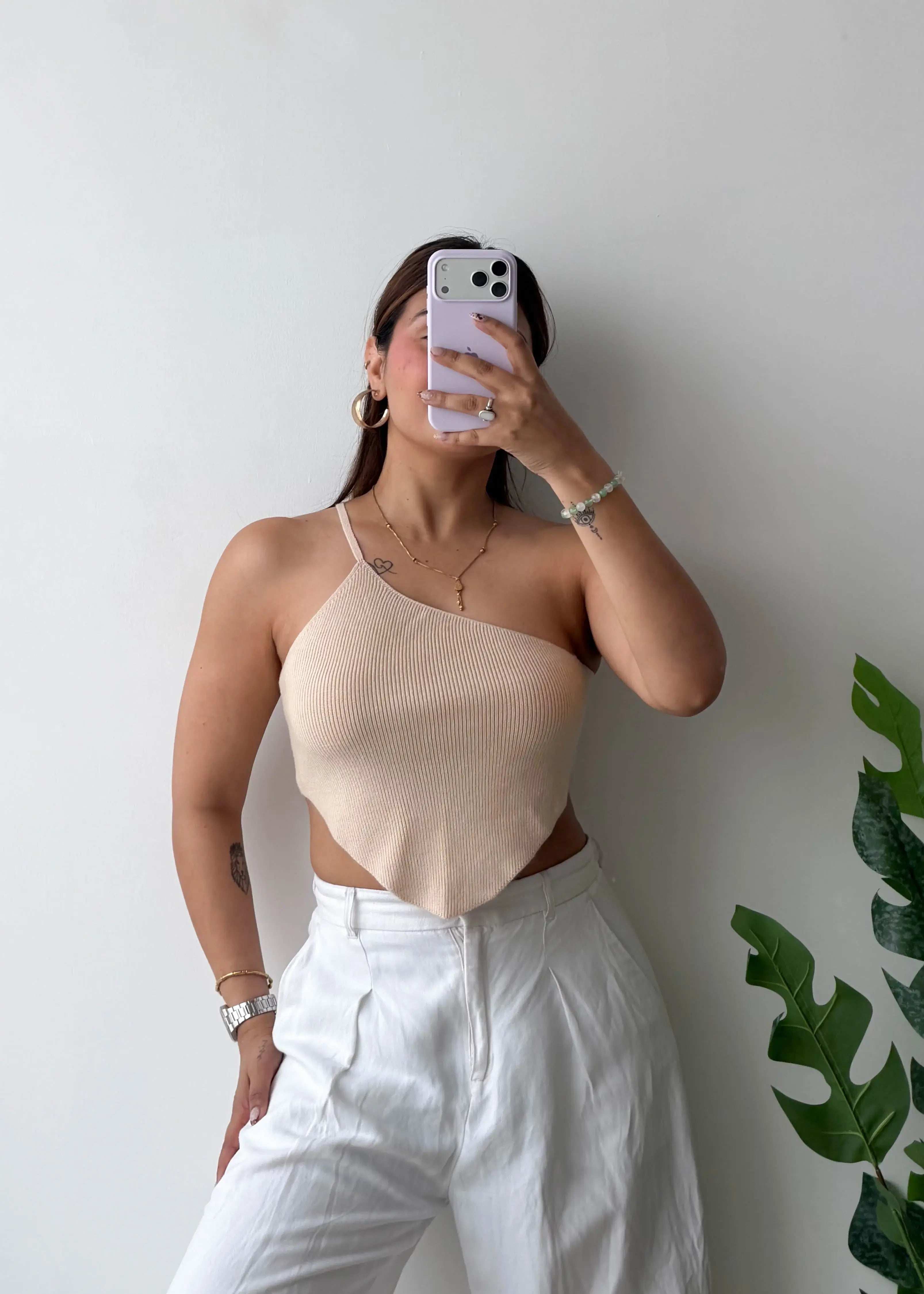 Size S-M, Beige One-Shoulder Asymmetrical Top