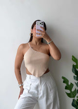 Size S-M, Beige One-Shoulder Asymmetrical Top