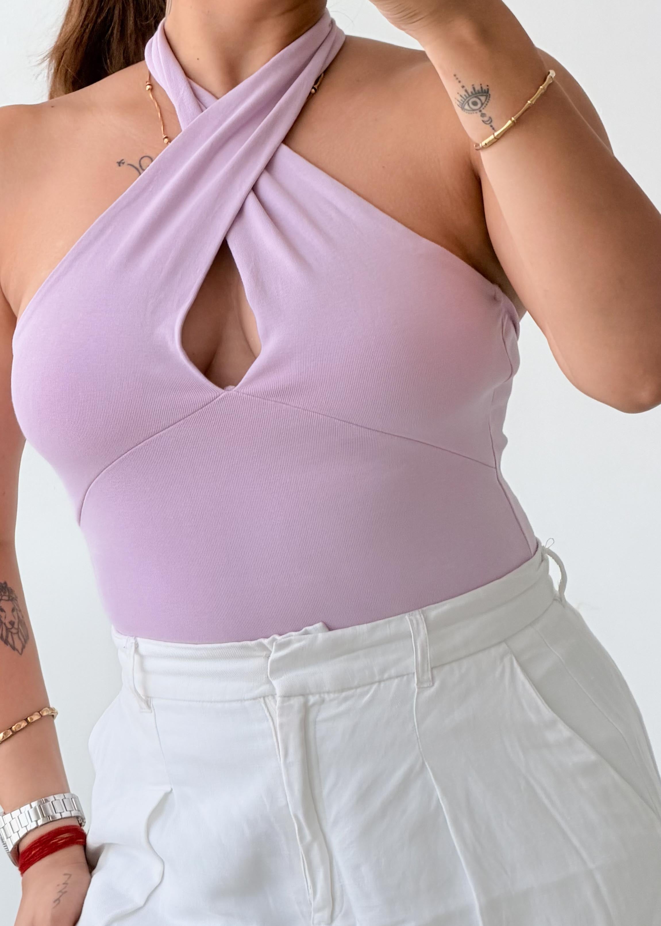 Size XS-S Lilac Twist Halter Bodysuit