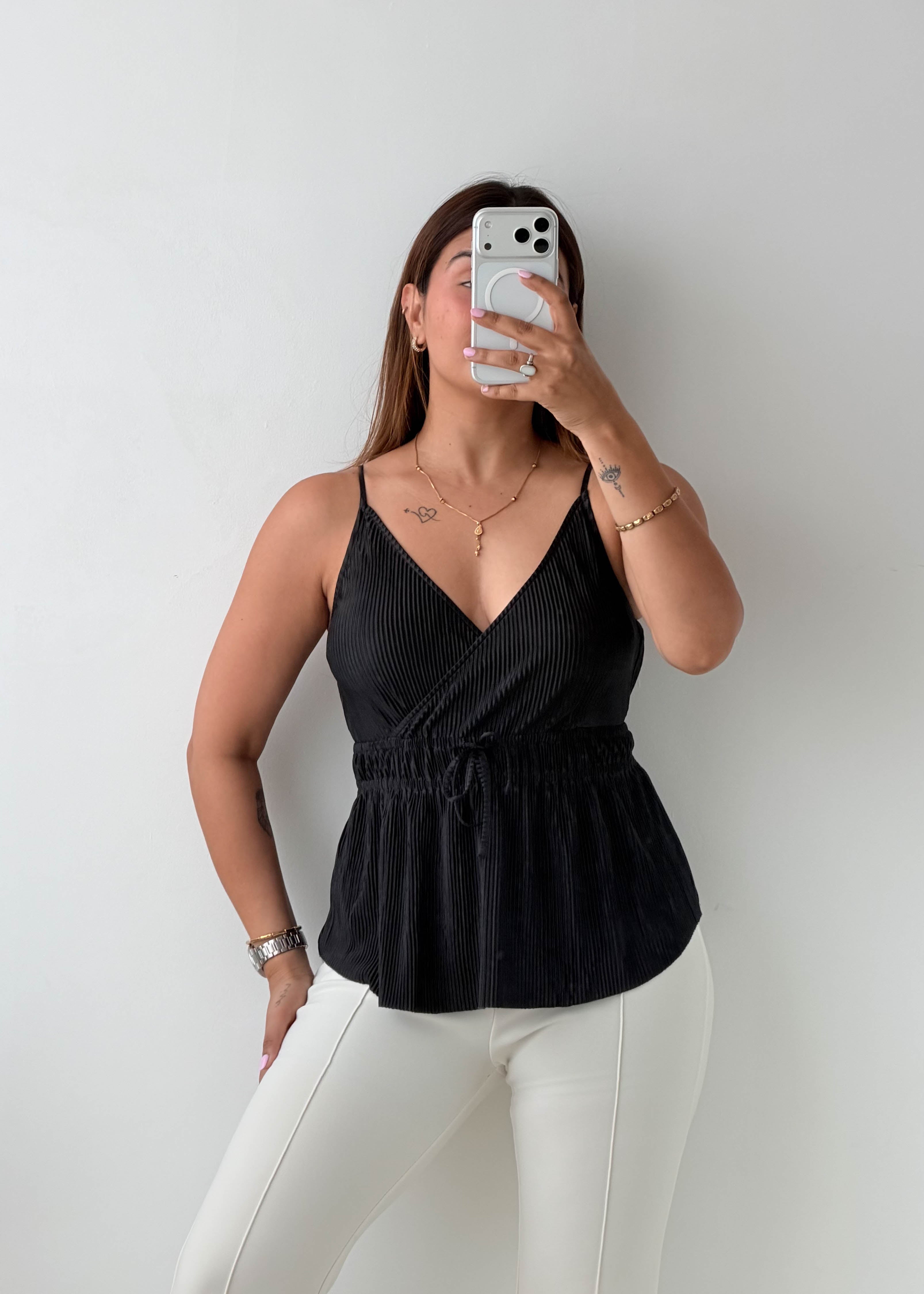 Size M-L Black Pleated Wrap Peplum Top