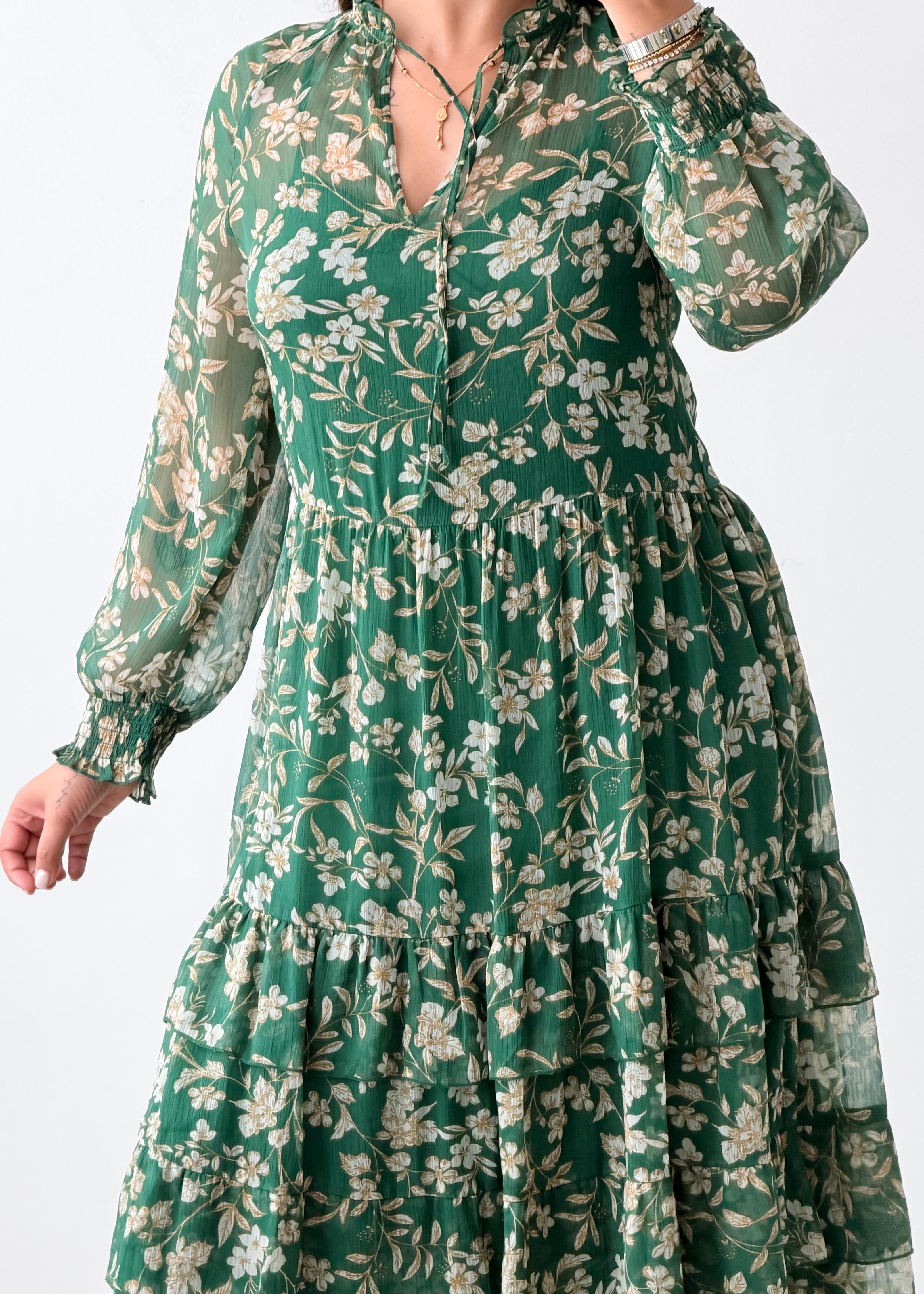Size M-L Green Floral Print Tiered Maxi Dress