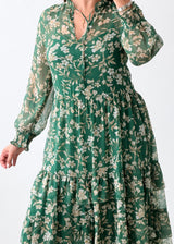 Size M-L Green Floral Print Tiered Maxi Dress