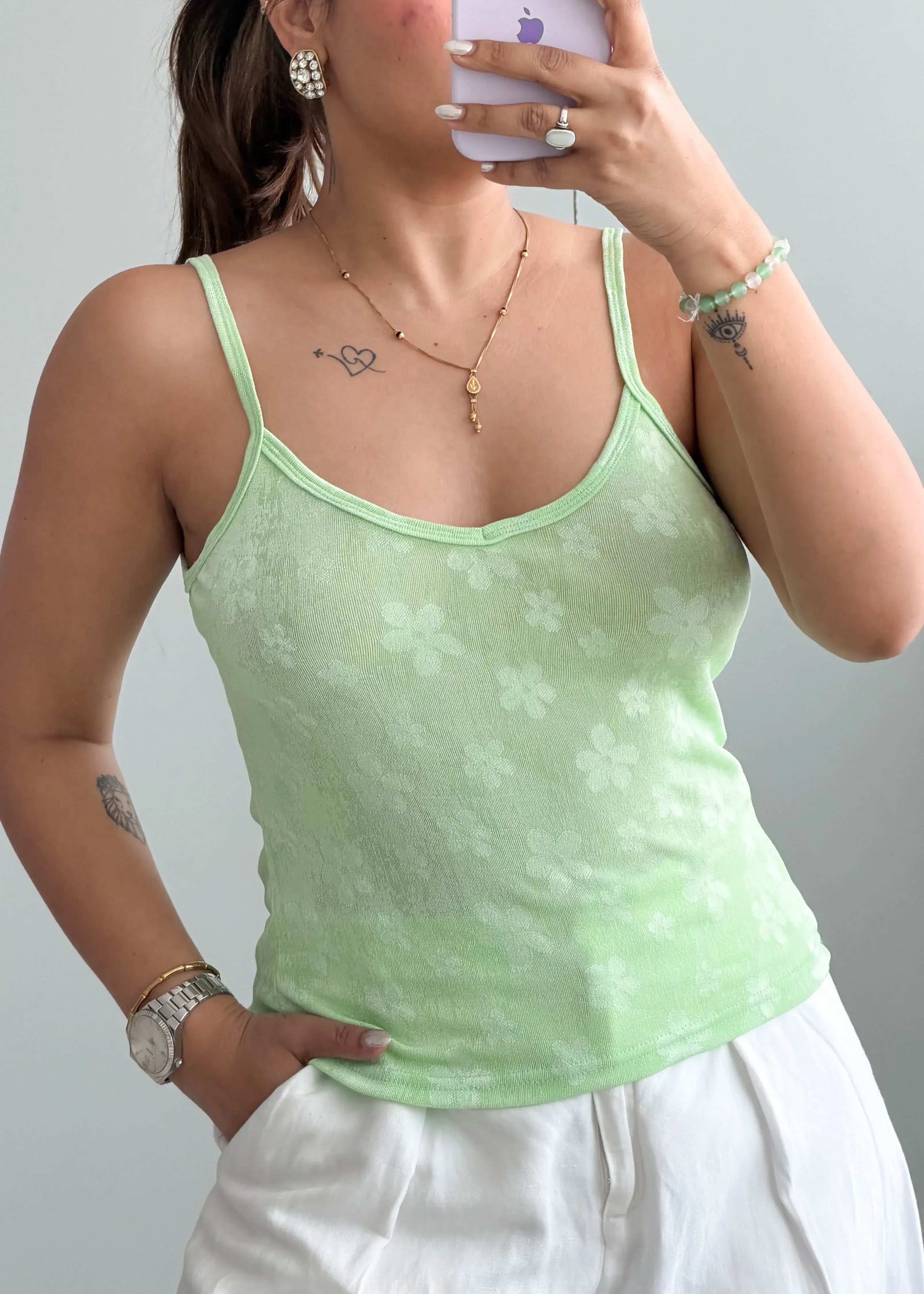 Size M-L, Light Green Floral Tank Top - Closet by Payal