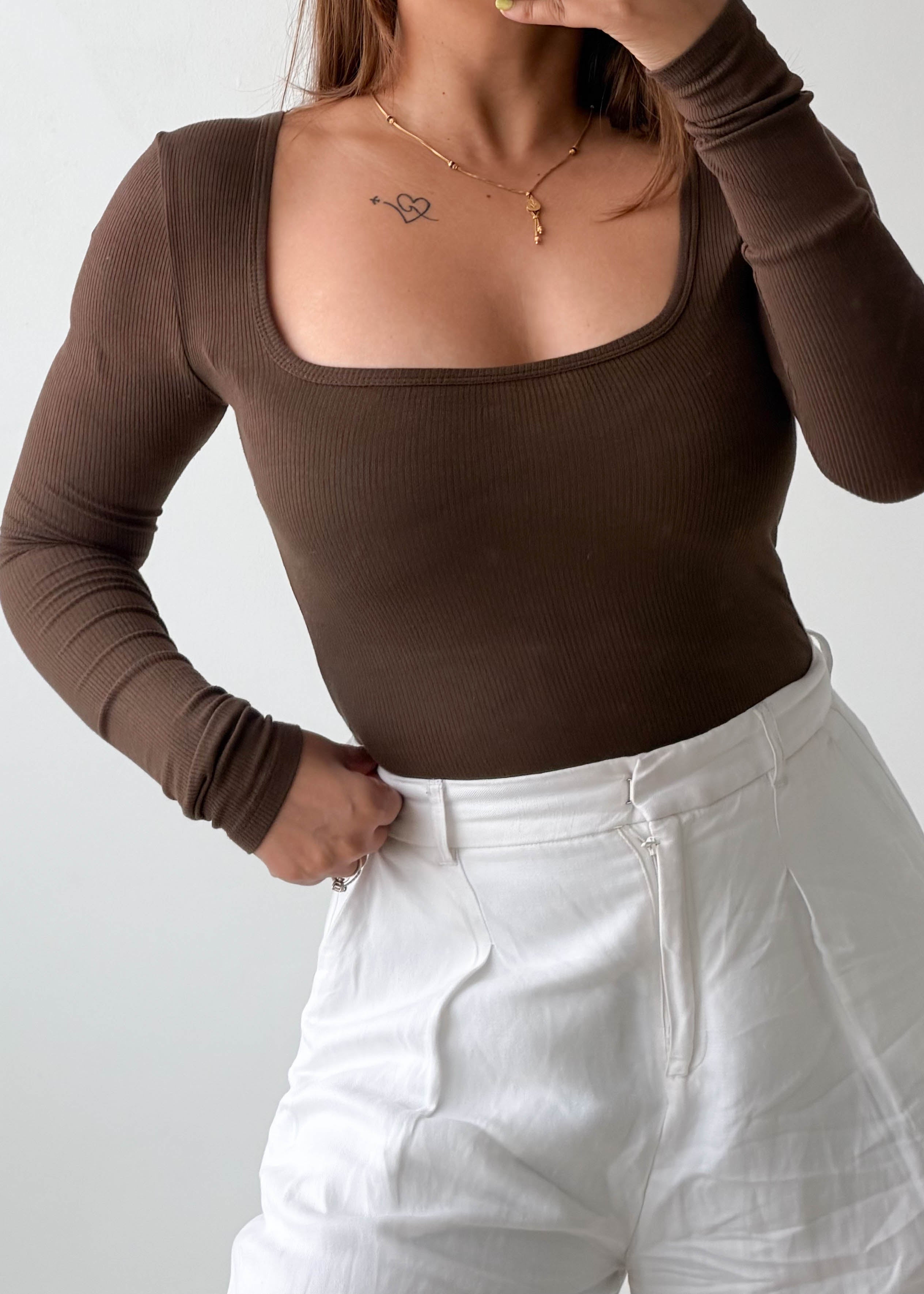 Size XS-S Brown Square Neck Bodysuit