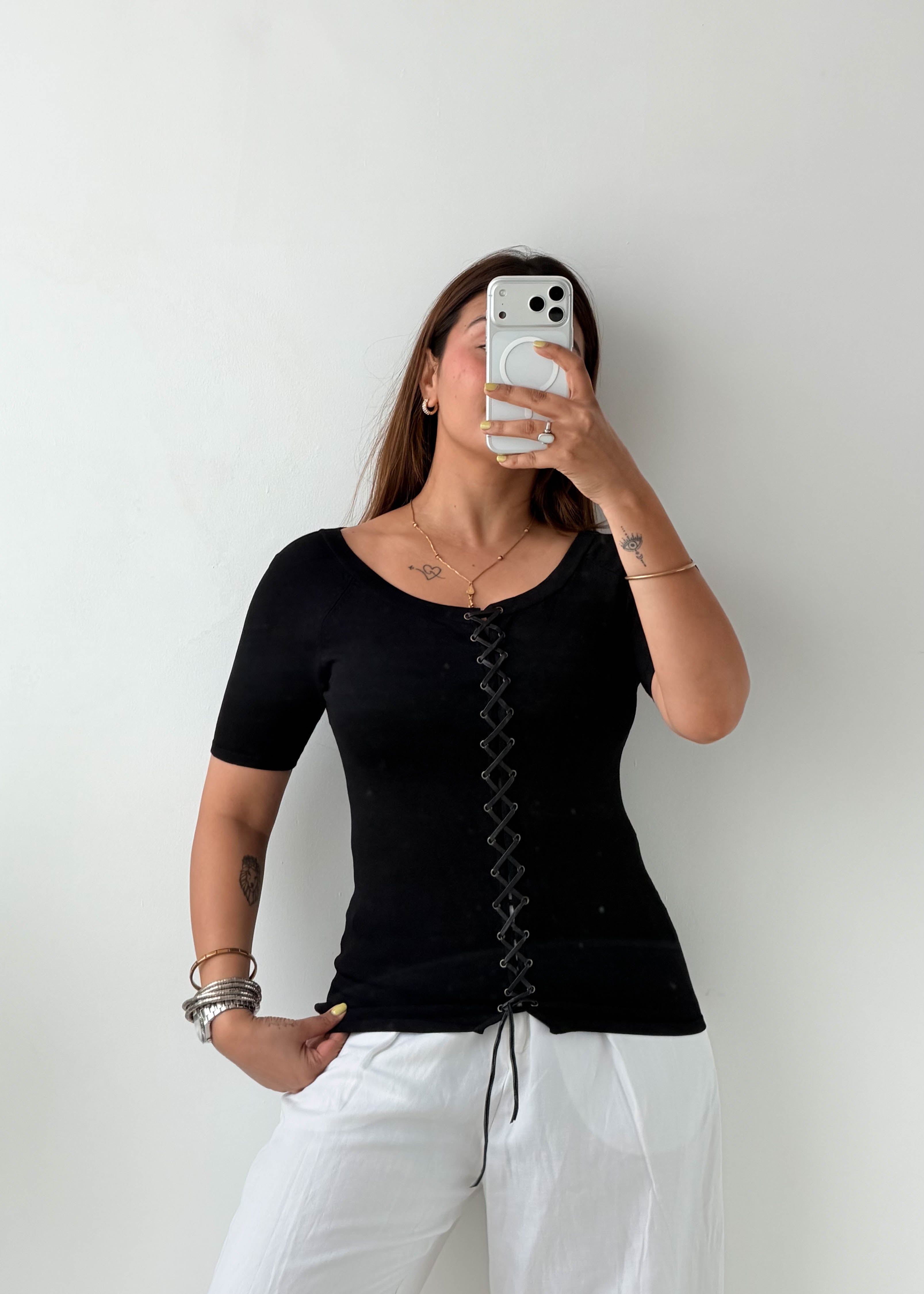 Size S-M Black Lace-Up Ribbed Top