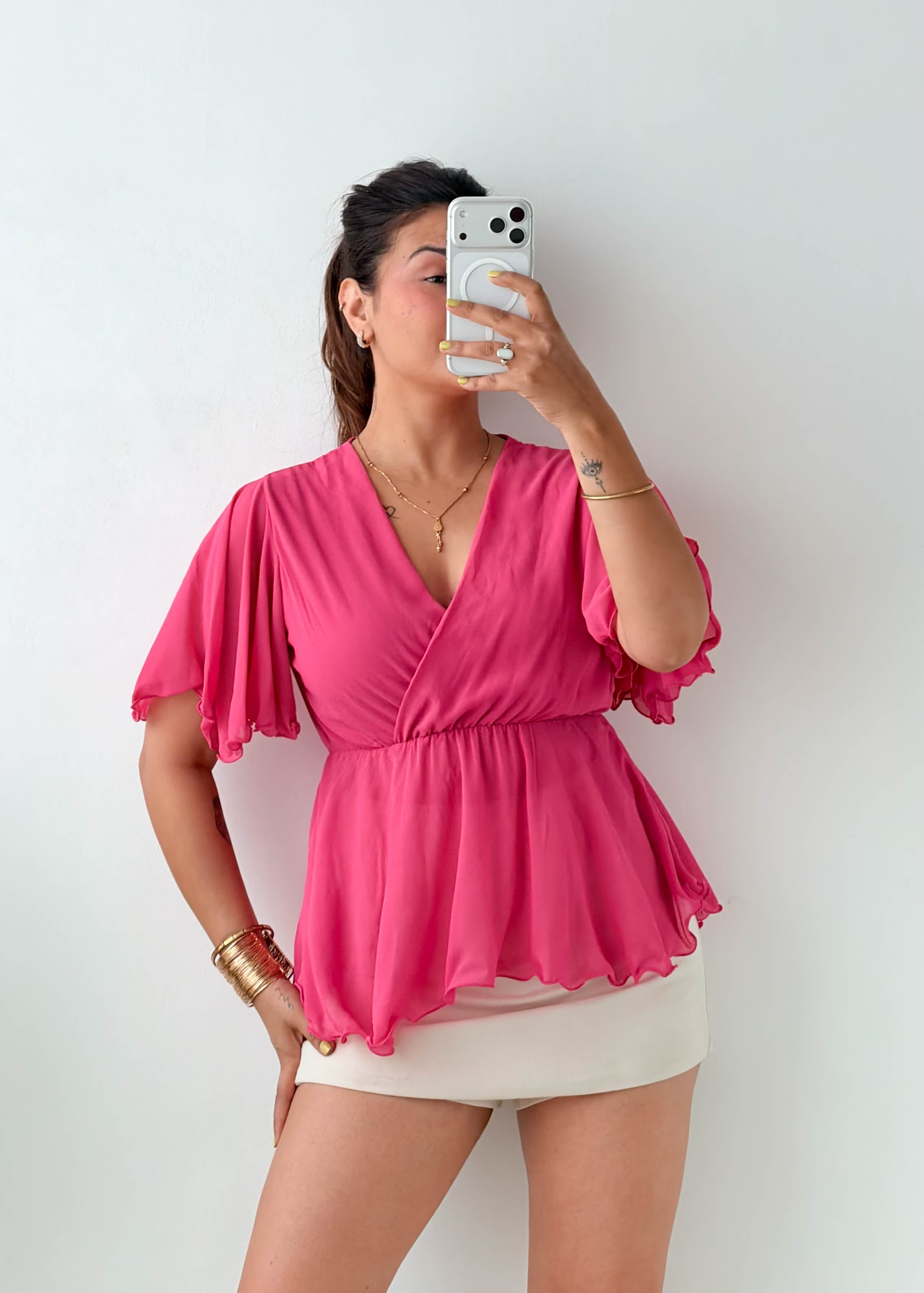 Size XS-S Pink Chiffon Wrap Peplum Top