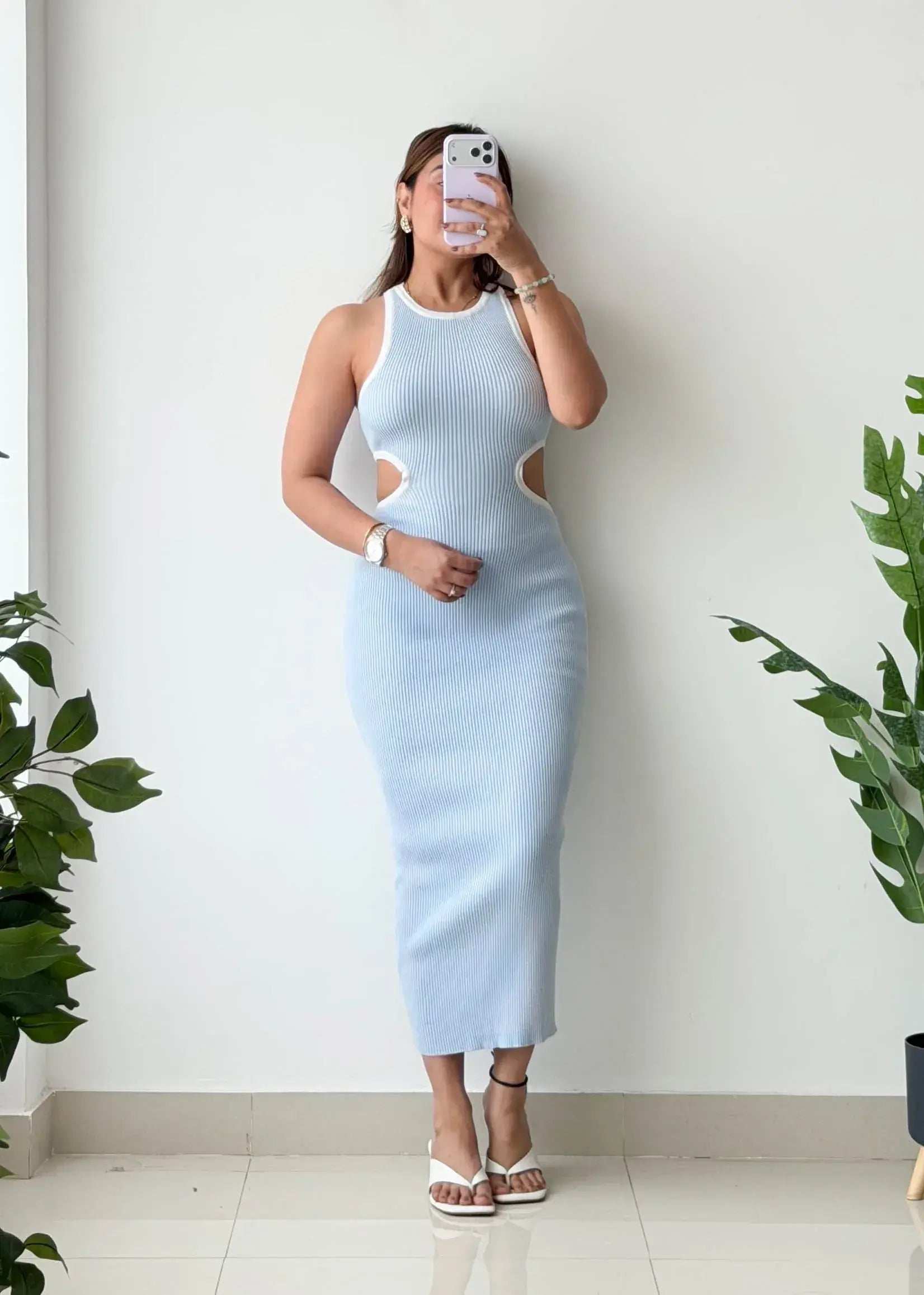 Size S-M, Light Blue Cut-Out Midi Dress - Closet by Payal