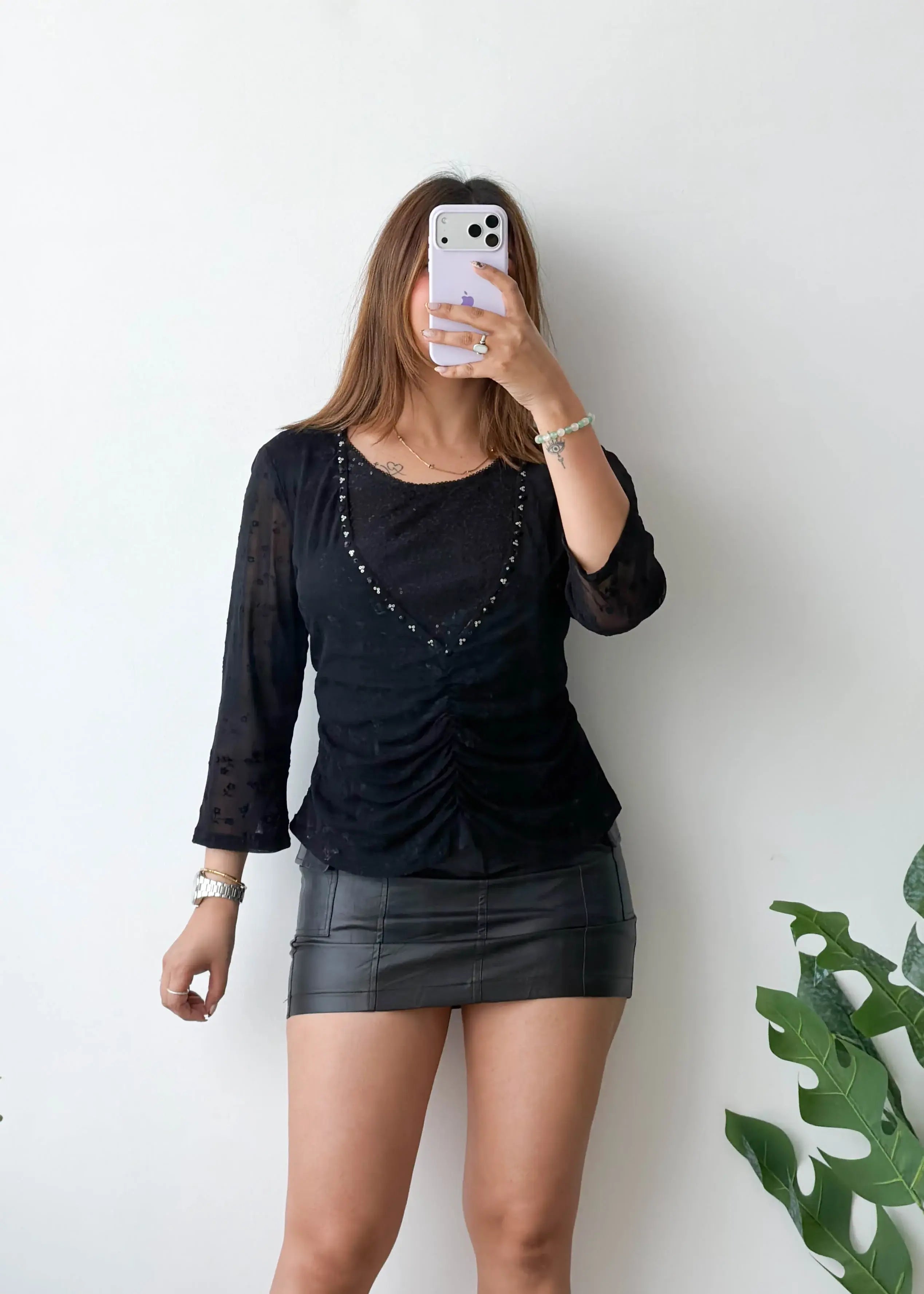 Size M-L, Black Sheer Sleeve Ruched Top