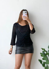 Size M-L, Black Sheer Sleeve Ruched Top