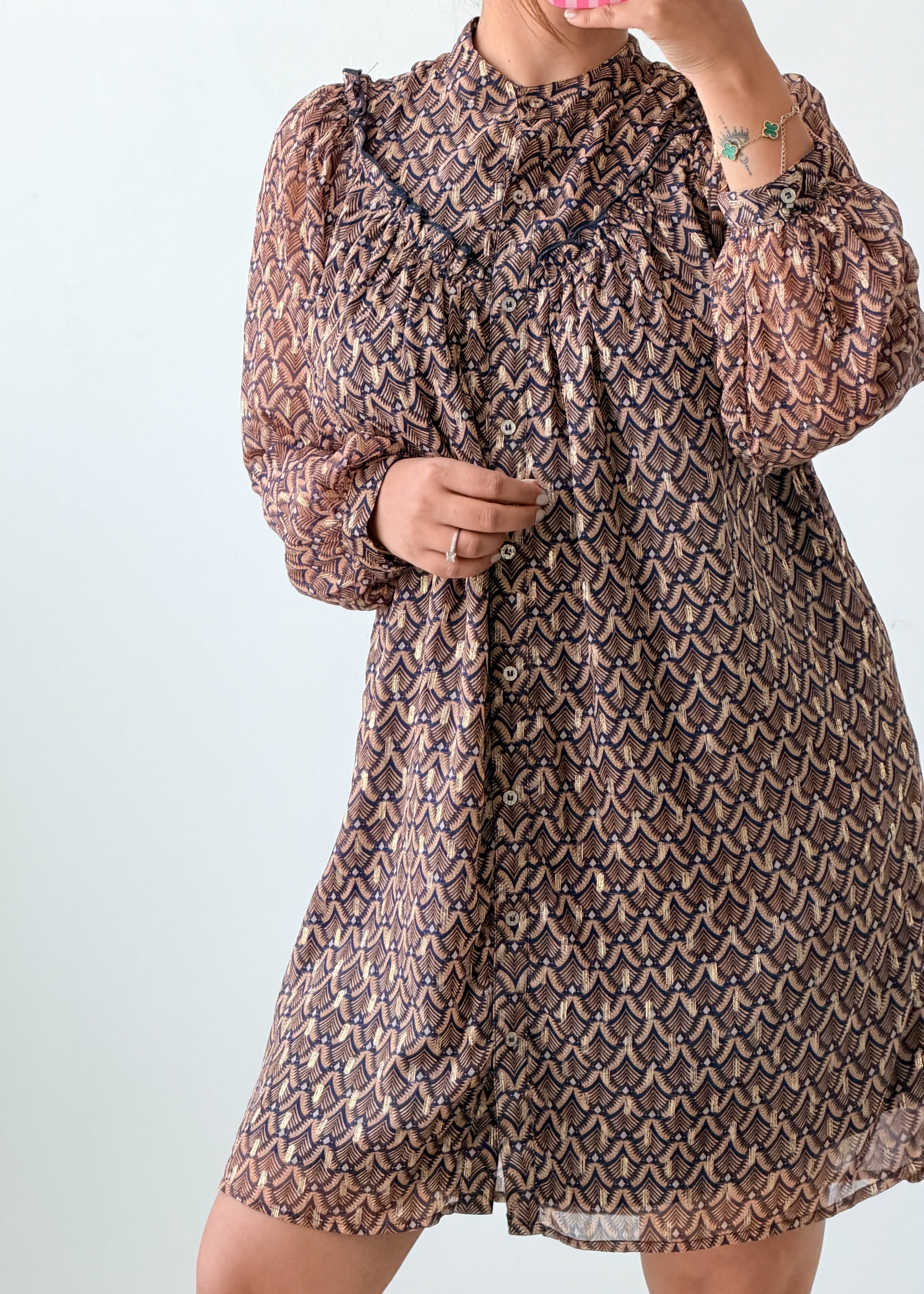 Size S-M Brown Printed Smock Dress