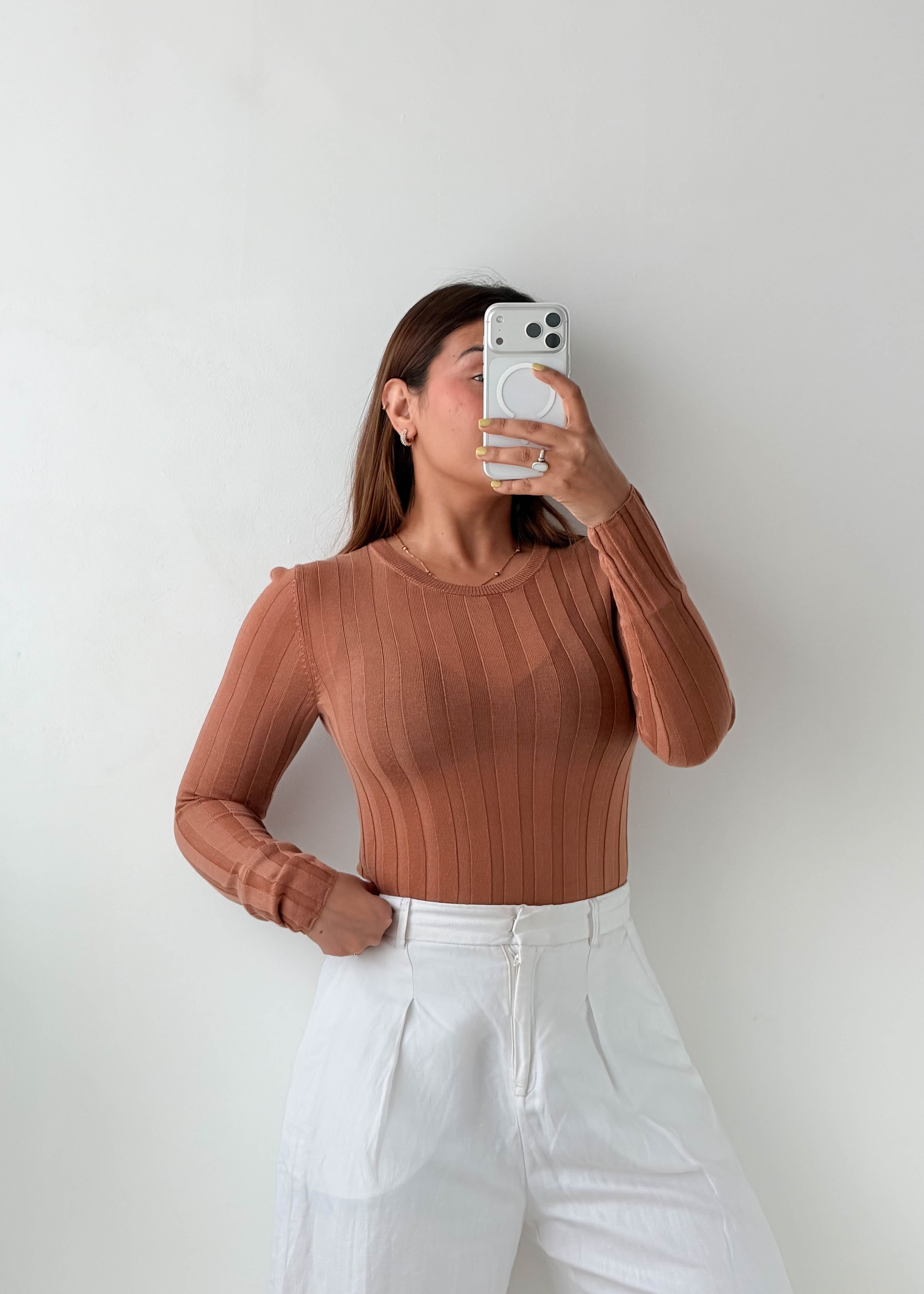 Size S-M Camel Ribbed Long Sleeve Top