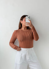 Size S-M Camel Ribbed Long Sleeve Top