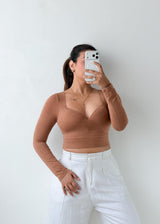 Size XS-S Camel Sweetheart Long Sleeve Top