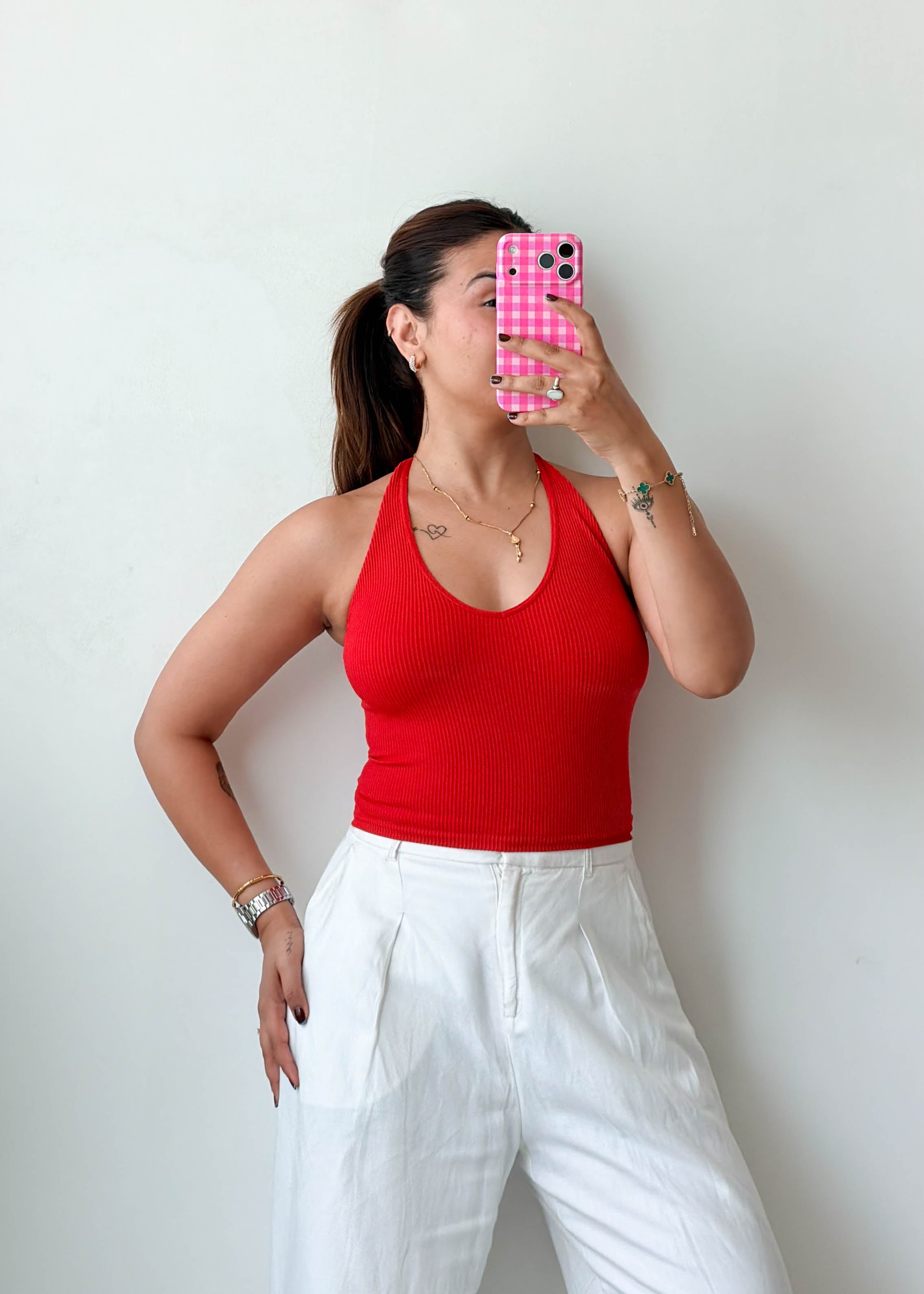 Size XS-S Red Ribbed Halter Top
